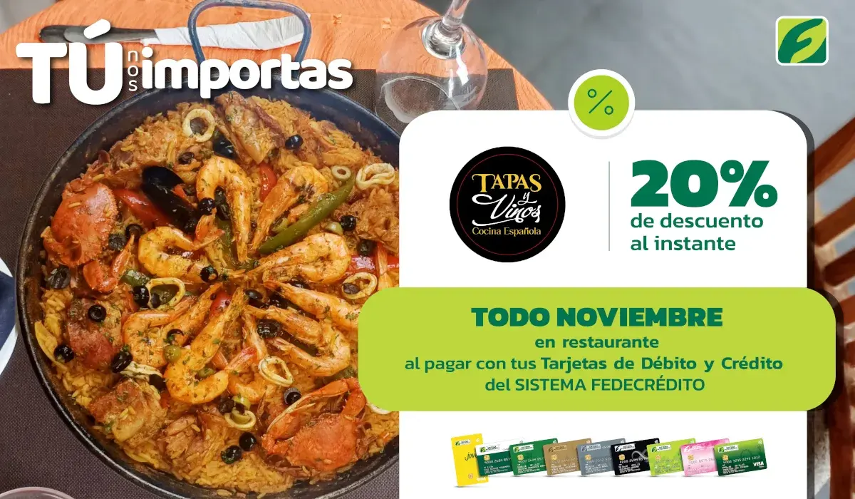 TODO NOVIEMBRE EN RESTAURANTES TAPAS Y VINOS, ÓBTEN 20% DE DESCUENTO AL INSTANTE. CAJA DE CRÉDITO COJUTEPEQUE